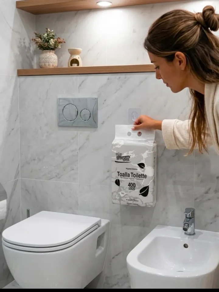 Toalla de toilette New Pel colgada de la pared de un baño
